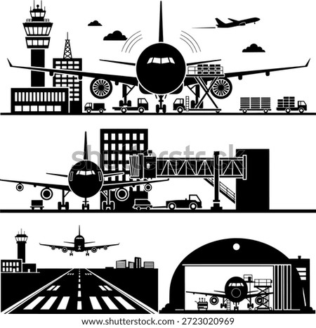 Airport Operations and Ground Handling Services Flat Vector Illustration Set