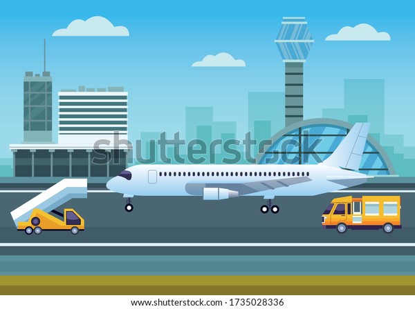 airport outdoor with control tower and airplane\
vector illustration\
design
