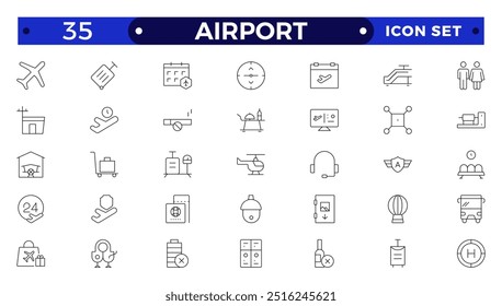 Airport Outline icon set. Contains linear outline icons like Plane, Ticket, Baggage, Seat, WIFI, Bag, Departure, Terminal, Passport, Transport, Luggage, Airplane. 
