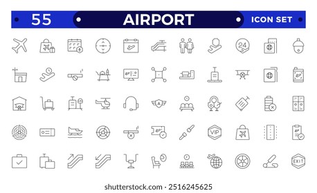 Airport Outline icon set. Contains linear outline icons like Plane, Ticket, Baggage, Seat, WIFI, Bag, Departure, Terminal, Passport, Transport, Luggage, Airplane. 
