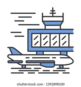 Airport outside color icon. Plane runway. Airplane landing strip. Aerodrome building. Jet airfield. Aviation service. Aircraft travel. Journey amenity. Air terminal. Isolated vector illustration