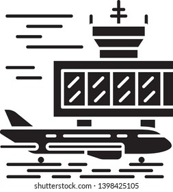 Airport outside glyph icon. Plane runway. Airplane landing strip. Aerodrome building. Jet airfield. Aviation service. Air terminal. Silhouette symbol. Negative space. Vector isolated illustration
