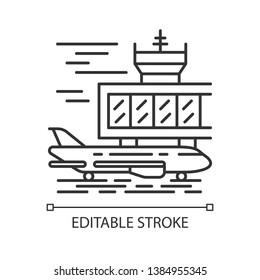 Airport outside linear icon. Plane runway. Airplane landing strip. Aerodrome building. Jet airfield. Aviation. Thin line illustration. Contour symbol. Vector isolated outline drawing. Editable stroke