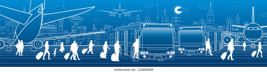 Airport panorama. Passengers enter and exit to the bus. Aviation travel transportation infrastructure. The plane is on the runway. Night city on background, vector design art