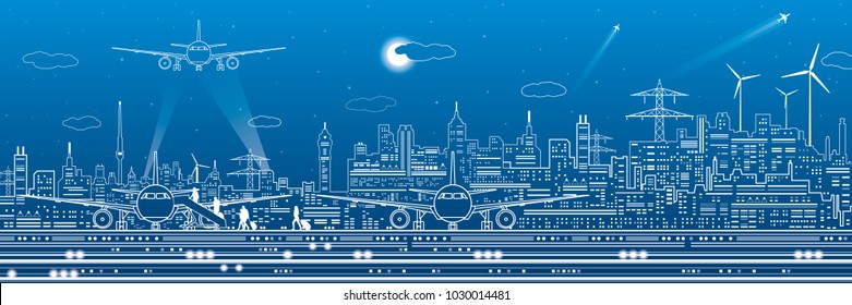 Airport panorama. Passengers go to the airplane. Aviation travel transportation infrastructure. The plane is on the runway. Night city on background, vector design art