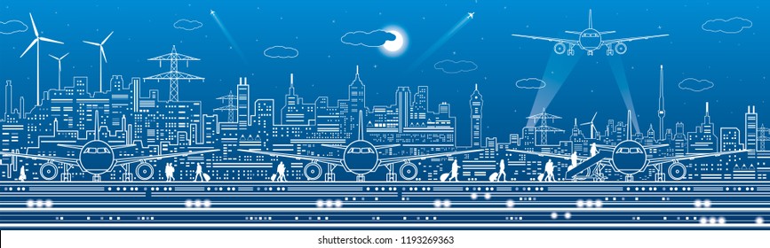 Airport panorama. Passengers go to the airplane. Aviation travel transportation infrastructure. The plane is on the runway. Night city on background, vector design art