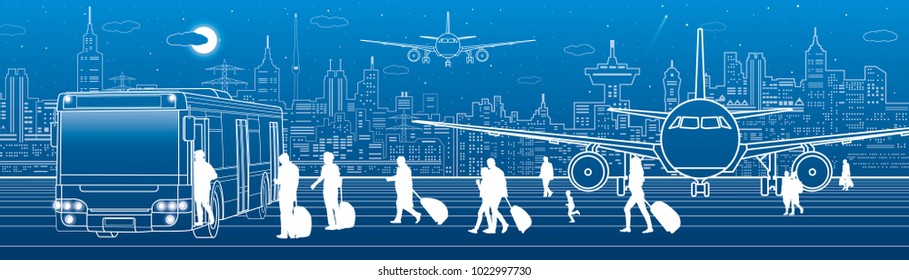 Airport panorama. Passengers go to the bus. Aviation travel transportation infrastructure. The plane is on the runway. Night city on background, vector design art