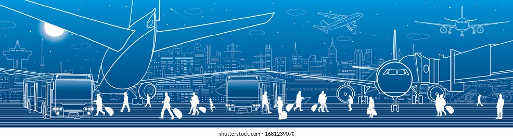 Airport panorama. The plane is on the runway. Aviation transportation infrastructure. Airplane fly, people get on the aircraft and bus. Night city on background, vector design art