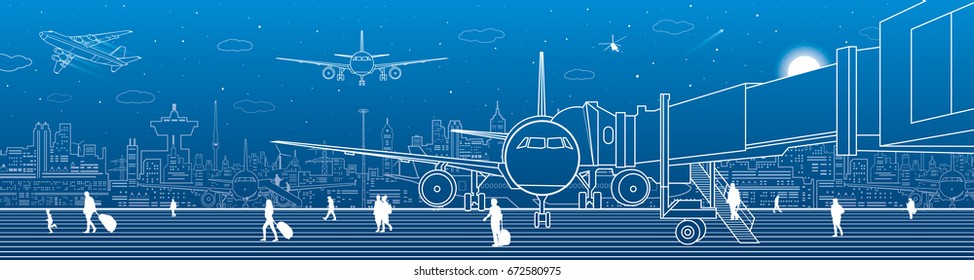 Airport panorama. The plane is on the runway. Aviation transportation infrastructure. Airplane fly, people get on the plane. Night city on background, vector design art