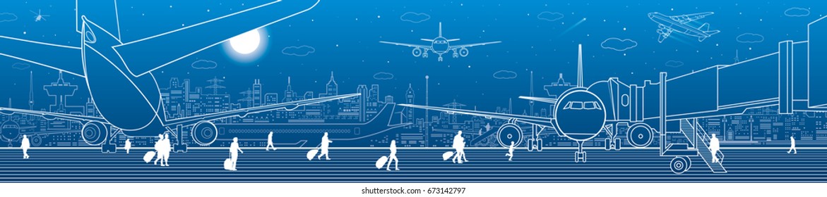 Airport Panorama. The Plane Is On The Runway. Aviation Transportation Infrastructure. Airplane Fly, People Get On The Aircraft. Night City On Background, Vector Design Art