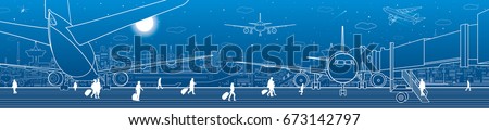 Airport panorama. The plane is on the runway. Aviation transportation infrastructure. Airplane fly, people get on the aircraft. Night city on background, vector design art