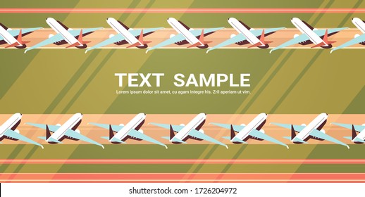 airport with parked airplanes at taxiway coronavirus pandemic quarantine covid-19 concept empty no people terminal horizontal copy space vector illustration