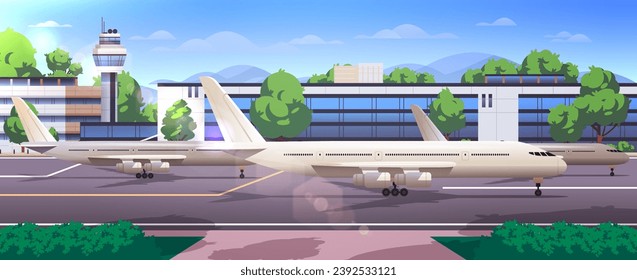 Airport parking with airplane. Aircrafts stand near the airport. Flat vector illustration