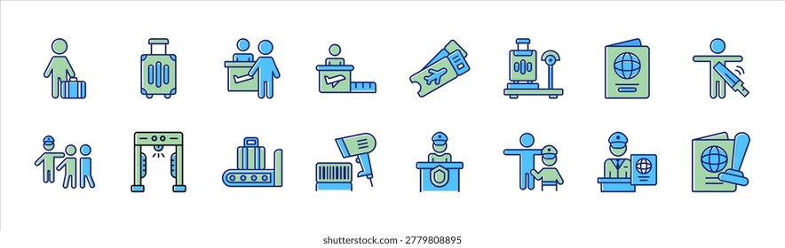 Airport Passenger Flow Icon Set Showing Luggage Check In Boarding Pass Security Gate Scanner Immigration Counter and Passport Stamp Process