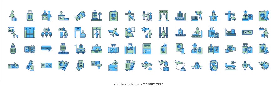 Airport Passenger Flow Icon Set Showing Check In Security Immigration Boarding Waiting Arrival and Baggage Process with Suitcase Boarding Pass Airplane Passport