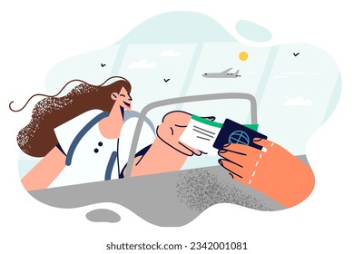 Airport passenger goes through passport control or buys ticket to board aircraft flight. Hand of airport employee with document and ticket for passing on airplane near girl going on trip