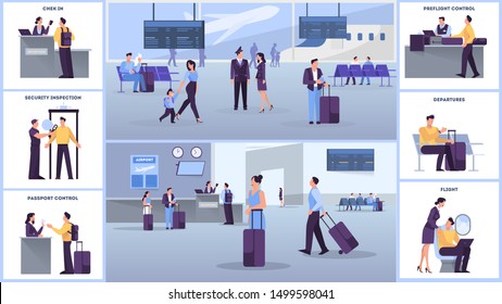 Airport with passenger set. Check-in and security, waiting hall and registration. People with passport look at schedule. Travel and tourist concept. Isolated flat vector illustration