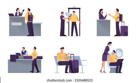 Airport with passenger set. Check-in and security, waiting hall and registration. Travel and tourist concept. Isolated flat vector illustration