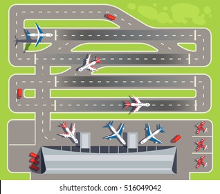 Airport with passenger terminal, airplanes, helicopters top view vector illustration