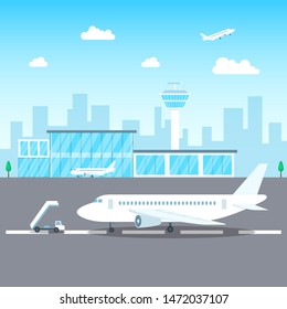 Airport Passenger Terminal Concept on a Landscape Background Scene Include of Plane, Building Tower and Aerodrome Flat Design. Vector illustration