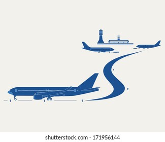 Airport.  Passenger terminal, control tower and silhouettes of planes.