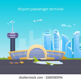 Airport passenger terminal, runway with airplanes, building, surrounding area. Airport work, planes preparing for flight, loading and taking off planes in sky. Vector illustration.