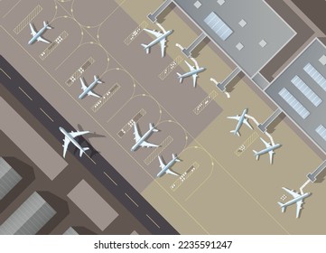 Airport passenger terminal and runway top view. Top down aerial view of a busy airport terminal with parked airplanes. The runway of the aircraft. Buildings hangar for airplanes. Vector illustration