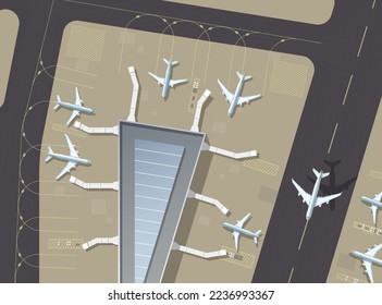 Terminal de pasajeros del aeropuerto y vista superior de la pista. Vista aérea vertical de una terminal de aeropuerto ocupada con aviones estacionados. La pista del avión. Los edificios hangar para aviones. Ilustración del vector