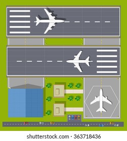 Airport passenger terminal  top view. The runway of the aircraft. Buildings hangar for airplanes. Stock vector illustration