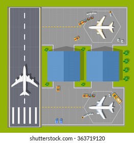 Airport passenger terminal  top view. The runway of the aircraft. Buildings hangar for airplanes and helicopter landing pad.  Stock vector illustration