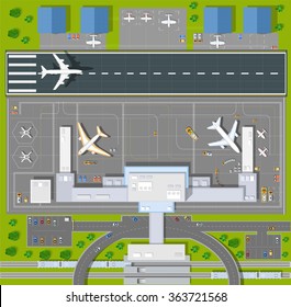 Airport passenger terminal  top view. The runway of the aircraft. Buildings hangar for airplanes and helicopter landing pad. Railway station with train and parking with cars. Stock vector illustration