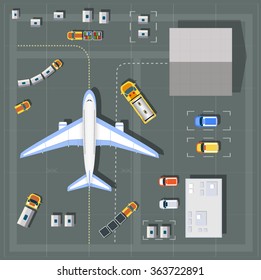 Airport passenger terminal  top view. The runway of the aircraft. Buildings hangar for airplanes.  Stock vector illustration