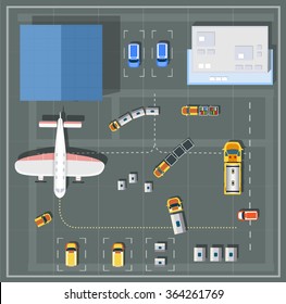 Airport passenger terminal  top view. The runway of the aircraft. Buildings hangar for airplanes.  Stock vector illustration