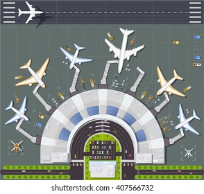 Airport passenger terminal  top view. The runway of the aircraft. Buildings hangar for airplanes and helicopter landing pad. Railway station with train and parking with cars. Stock vector illustration