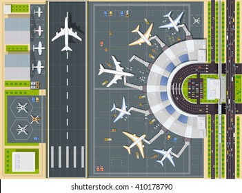 Vista superior del terminal de pasajeros del aeropuerto. La pista del avión. hangar de edificios para aviones y toallas de aterrizaje de helicópteros. Estación de tren con tren y aparcamiento con coches. Ilustración vectorial de acciones