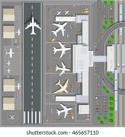 Airport passenger terminal top view. The runway of the aircraft. Buildings hangar for airplanes and helicopter landing pad. Railway station with train and parking with cars. Stock vector illustration