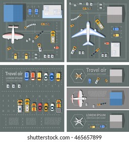 Airport passenger terminal top view. The runway of the aircraft. Buildings hangar for airplanes and helicopter landing pad. Parking with cars. Bundle vector illustration