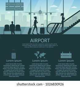 Airport passenger terminal and waiting room. International arrival departures background vector illustration airplane of infographic