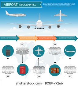 Airport passenger terminal and waiting room. International arrival departures background vector illustration airplane of infographic