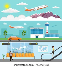 Airport Passenger Terminal And Waiting Room. International Arrival And Departures Background Vector Illustration