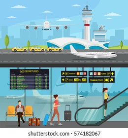 Airport passenger terminal and waiting room. International arrival departures background vector illustration airplane infographic