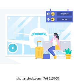 Airport passenger terminal and waiting room.Beautiful woman talking on the phonewaiting for her plane at the airport. Flat vector illustration