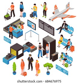 Airport passengers check-in security control gates waitig area and aircraft isometric icons collection isolated vector illustration