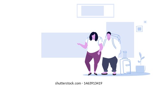 airport passengers overweight fat man woman at waiting hall departure lounge interior over size couple travelers standing with baggage holiday vacation concept sketch horizontal full length