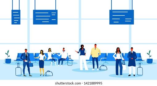 airport passengers at waiting hall departure lounge interior business people travelers standing with baggage holiday vacation concept sketch doodle horizontal