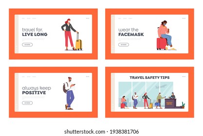 Airport Passport Control. Landing Page Template Set. Passengers Characters in Medic Masks Stand in Queue Prepare for Flight Registration during Covid Pandemic. Cartoon People Vector Illustration