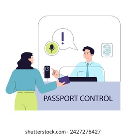 Airport passport control. A traveler provides documents to security personnel, with biometric verification. Secure check-in process. Flight entry procedure. Flat vector illustration.