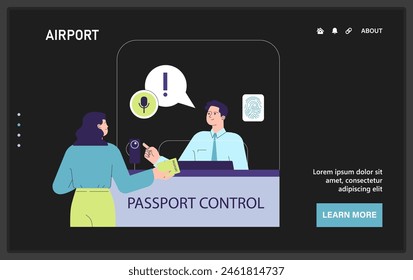 Airport passport control web or landing. A traveler provides documents to security personnel, with biometric verification. Secure check-in process. Flight entry procedure. Flat vector illustration.