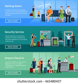 Airport people flat horizontal banners set of passengers in waiting room security screening and registration service vector illustration