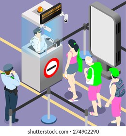 Airport People Queue Passenger Passport Security Control. Flat 3d Web Isometric Infographic Concept. Duty Gate Check-in Control. Vector Illustration